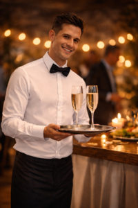Wat kost een ober huren – professionele ober serveert champagne tijdens een feest